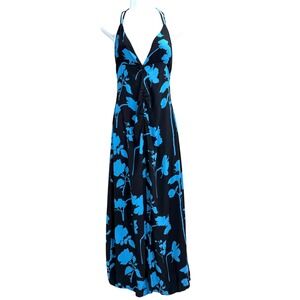 Nasty Gal Floral Maxi Dress Size 6 Plunging Neckline Sleeveless Blue Ruched